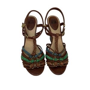 FRYE COLETE Sandals Brown Braided Leather Wedge Heels Open Toe Strappy Buckle 9